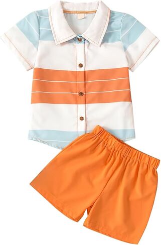 VKOMEO Toddler Baby Boy Summer Clothes Outfits 2Pcs T-Shirt Short Sleeve Striped Button-Down Tops + Shorts Set in Kuwait