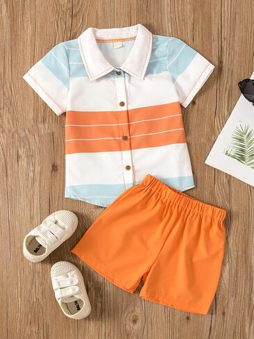 VKOMEO Toddler Baby Boy Summer Clothes Outfits 2Pcs T-Shirt Short Sleeve Striped Button-Down Tops + Shorts Set in Kuwait