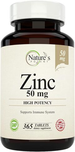 Nature's Potent Zinc 50 mg، مكمل لدعم المناعة - فعالية عالية لتحقيق أقصى قدر من الصحة المناعية ومضادات الأكسدة - صنع في الولايات المتحدة الأمريكية من أكسيد الزنك الطبيعي - 365 قرصًا (كمية تكفي لمدة عام) in Kuwait