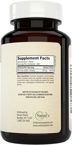 Nature's Potent Zinc 50 mg، مكمل لدعم المناعة - فعالية عالية لتحقيق أقصى قدر من الصحة المناعية ومضادات الأكسدة - صنع في الولايات المتحدة الأمريكية من أكسيد الزنك الطبيعي - 365 قرصًا (كمية تكفي لمدة عام) in Kuwait