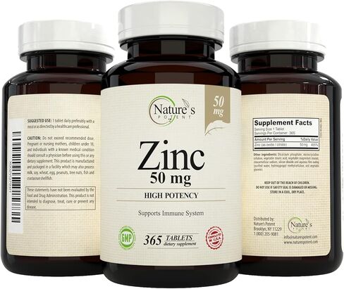 Nature's Potent Zinc 50 mg، مكمل لدعم المناعة - فعالية عالية لتحقيق أقصى قدر من الصحة المناعية ومضادات الأكسدة - صنع في الولايات المتحدة الأمريكية من أكسيد الزنك الطبيعي - 365 قرصًا (كمية تكفي لمدة عام) in Kuwait