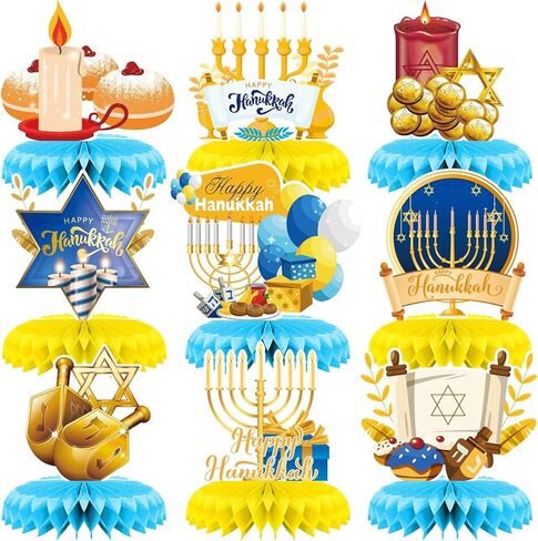 Happy Hanukkah Honeycomb Centerpieces, 9 Pcs Menorah Dreidel Chanukah Table Decorations Table Toppers, 3D Festival of Lights Party Decorations for Jewish Holiday Celebration Home Supplies in Saudi Arabia
