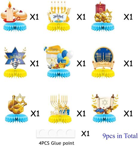 Happy Hanukkah Honeycomb Centerpieces, 9 Pcs Menorah Dreidel Chanukah Table Decorations Table Toppers, 3D Festival of Lights Party Decorations for Jewish Holiday Celebration Home Supplies in Saudi Arabia