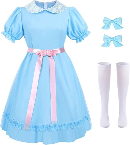 Women's Halloween Twin Costumes Blue Puff Sleeve Lolita Dress and Knee High Socks Creepy Sisters Cosplay Outfits in Saudi Arabia
