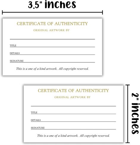 Certificate of Authenticity of Original Artwork 50pk 2x3.5" Cards Small Painter Collector Artist Gallery Collectible Fill In Certify Signature Name in Saudi Arabia
