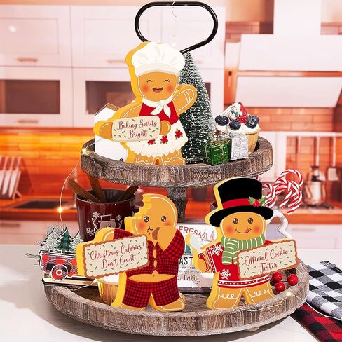Gingerbread Man Christmas Decorations Indoor, Cute Gingerbread Man Tiered Tray Decor Set of 3, Wooden Gingerbread Man Blocks Xmas Table Decoration for Party Home Office Shelf Door (2024) in Kuwait
