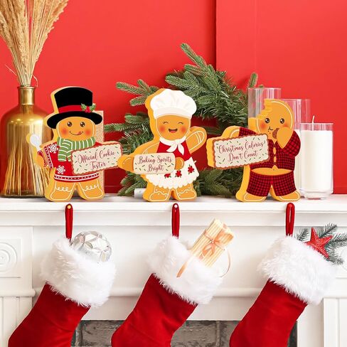 Gingerbread Man Christmas Decorations Indoor, Cute Gingerbread Man Tiered Tray Decor Set of 3, Wooden Gingerbread Man Blocks Xmas Table Decoration for Party Home Office Shelf Door (2024) in Kuwait