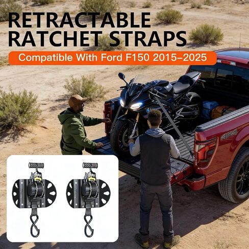 أشرطة سقاطة قابلة للسحب مطورة لـ 2015-2025 Ford F150، أشرطة سقاطة شديدة التحمل (عبوة من قطعتين)، 1 بوصة × 10 أقدام (قوة كسر 1500 رطل)، أشرطة ربط ذاتية السحب لملحقات F-150 (أسود) in Saudi Arabia