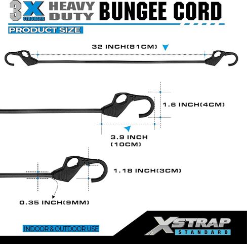 حبال بنجي XSTRAP القياسية شديدة التحمل 10 قطع من حبال بنجي مقاس 32 بوصة مع خطافات بفتحة الإصبع، مثالية للاستخدام في الهواء الطلق، وأغطية القنب، والدراجات النارية، ورف الأمتعة (أسود) in Kuwait