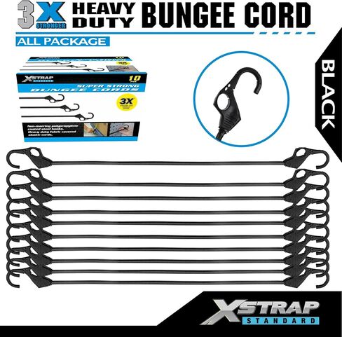 حبال بنجي XSTRAP القياسية شديدة التحمل 10 قطع من حبال بنجي مقاس 32 بوصة مع خطافات بفتحة الإصبع، مثالية للاستخدام في الهواء الطلق، وأغطية القنب، والدراجات النارية، ورف الأمتعة (أسود) in Kuwait