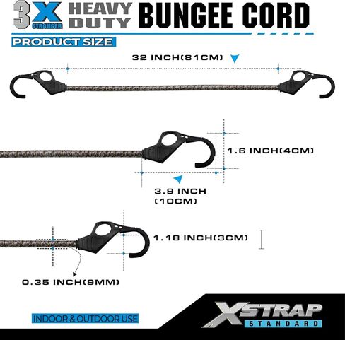 حبال بنجي XSTRAP القياسية شديدة التحمل 10 قطع من حبال بنجي مقاس 32 بوصة مع خطافات بفتحة الإصبع، مثالية للاستخدام في الهواء الطلق، وأغطية القنب، والدراجات النارية، ورف الأمتعة (أسود) in Kuwait