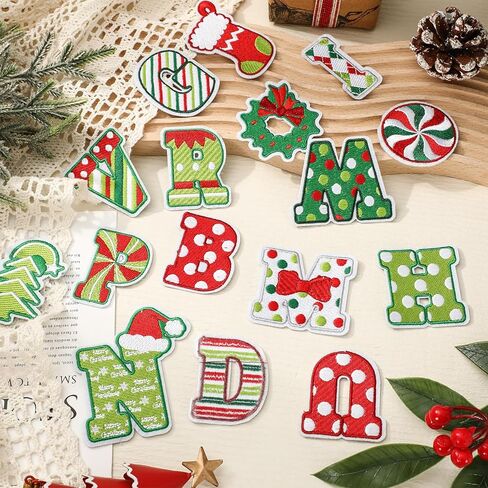 Whaline 26Pcs Christmas Iron-On Sew-On Patch Red Green Cartoon Alphabet A to Z Heat Transfer Iron Patches Embroidered Cloth Patches Iron on Letters for Xmas Clothing Fabric DIY Crafts in Saudi Arabia