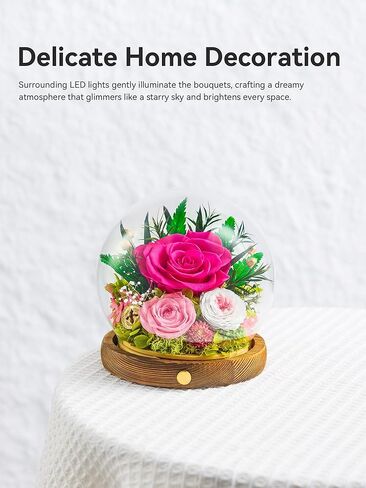 زهور محفوظة في كرة زجاجية مع شريط LED، قطعتان من الورود الحقيقية إلى الأبد هدية للنساء في الذكرى السنوية، وعيد الميلاد، وعيد الحب (أرجواني فاتح) in Kuwait