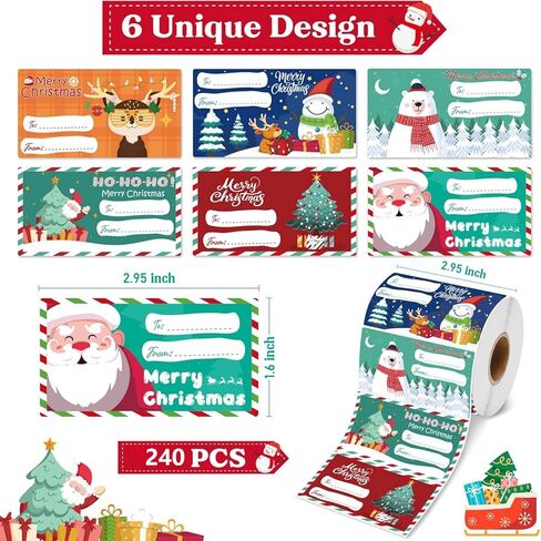 240 Pcs Christmas Gift Tags, Decorations Christmas Wrapping Paper Roll of Holiday Stickers with Various Pattern for Presents Decorations and Holiday, 2.95 x 1.6 Inch in Saudi Arabia