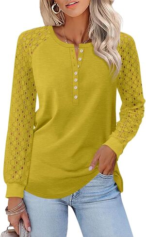 Minetom Women's Lace Long Sleeve Tops Henley Shirts Casual Blouses T Shirts Fall Clothes in Kuwait
