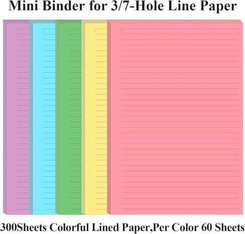 (3-Pack) Unpunched 5 Colorful Line Paper - 300 Sheets/600 Pages Loose Leaf Paper Line Refills, Per Color 60 Sheets, 5.8" x 8.5" in Saudi Arabia