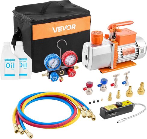 VEVOR AC Vacuum Pump and Gauge Set, 7 CFM 3/4 HP, Two Stage Rotary Vane HVAC Vacuum Pump, A/C Manifold Gauge Kit, for R134a R22 R410a, with Leak Detector Carry Bag Hose, for Auto HVAC Air Conditioning in Saudi Arabia
