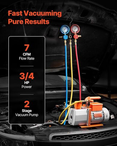 VEVOR AC Vacuum Pump and Gauge Set, 7 CFM 3/4 HP, Two Stage Rotary Vane HVAC Vacuum Pump, A/C Manifold Gauge Kit, for R134a R22 R410a, with Leak Detector Carry Bag Hose, for Auto HVAC Air Conditioning in Saudi Arabia