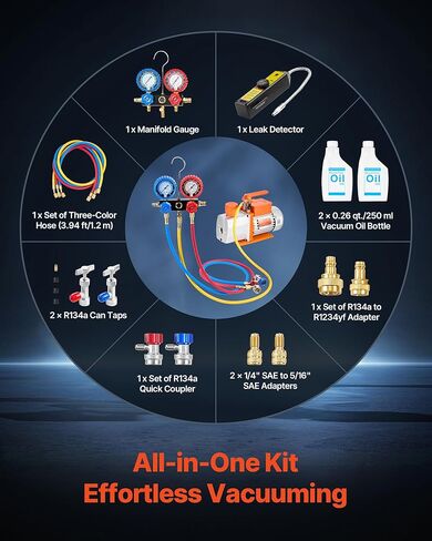 VEVOR AC Vacuum Pump and Gauge Set, 7 CFM 3/4 HP, Two Stage Rotary Vane HVAC Vacuum Pump, A/C Manifold Gauge Kit, for R134a R22 R410a, with Leak Detector Carry Bag Hose, for Auto HVAC Air Conditioning in Saudi Arabia