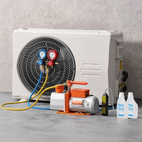 VEVOR AC Vacuum Pump and Gauge Set, 7 CFM 3/4 HP, Two Stage Rotary Vane HVAC Vacuum Pump, A/C Manifold Gauge Kit, for R134a R22 R410a, with Leak Detector Carry Bag Hose, for Auto HVAC Air Conditioning in Saudi Arabia