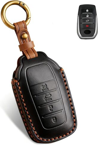 QBUC for Toyota Tundra Genuine Leather Key Fob Cover, 4 Button Key Holder Protector for Toyota 2021-2025 Land Cruiser Venza RAV4 Corolla Sequoia Sienna Crown Tacoma TRD Corolla SE Camry XSE(Black) in Saudi Arabia