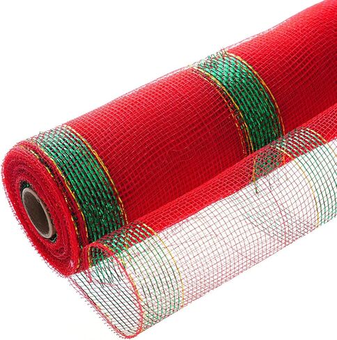 baotongle Deco Mesh Roll Mesh Plastic Mesh Roll Mesh Ribbon Glitter Metallic Wrapping Ribbon for Tree Door DIY Project Wreaths Party Decorations Wrapping Craft(Red and Green, 10inchesx10Yard) in Saudi Arabia