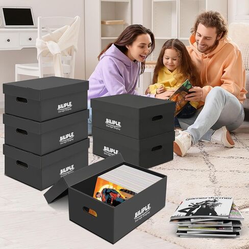 3 Pack Comic Book Storage Box 15.8" X 7.2" X 10.7", Thick Cardboard Comic Book Box with Lids, Holds 150-175 Current/Silver Age Comic, Stackable Bin Comic Organizer Case for Collecting Supplies, Black in Saudi Arabia