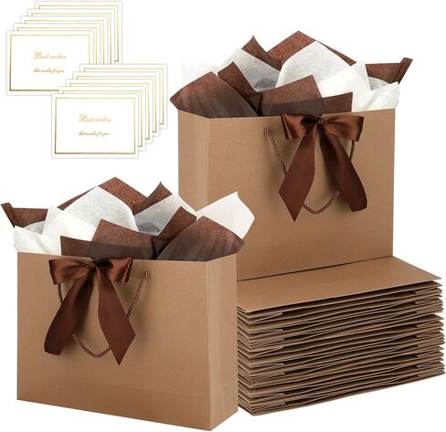 Brown Gift Bags with Handles and Ribbons - 10Pcs Gift Bag with 10 Tissue Paper 10 Greeting Cards, Welcome Gifts Thank You Bags for Birthday, Wedding, Mothers Day, Baby Shower, Bridal Shower, Party (12.6''x9.8''x4'') in Saudi Arabia