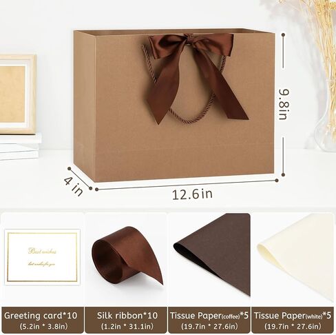 Brown Gift Bags with Handles and Ribbons - 10Pcs Gift Bag with 10 Tissue Paper 10 Greeting Cards, Welcome Gifts Thank You Bags for Birthday, Wedding, Mothers Day, Baby Shower, Bridal Shower, Party (12.6''x9.8''x4'') in Saudi Arabia