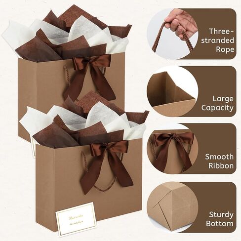 Brown Gift Bags with Handles and Ribbons - 10Pcs Gift Bag with 10 Tissue Paper 10 Greeting Cards, Welcome Gifts Thank You Bags for Birthday, Wedding, Mothers Day, Baby Shower, Bridal Shower, Party (12.6''x9.8''x4'') in Saudi Arabia