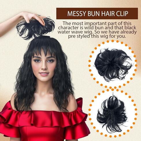 Short Black Wig with Bangs Bun Hair Clip Pre-styled Gothic Bride Straight Wig Wig Halloween Costume Cosplay Wigs Party Women 2024 in Saudi Arabia