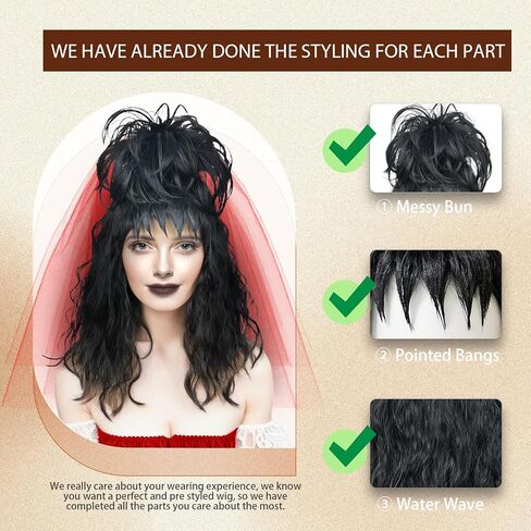 Short Black Wig with Bangs Bun Hair Clip Pre-styled Gothic Bride Straight Wig Wig Halloween Costume Cosplay Wigs Party Women 2024 in Saudi Arabia