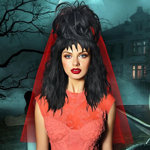 Short Black Wig with Bangs Bun Hair Clip Pre-styled Gothic Bride Straight Wig Wig Halloween Costume Cosplay Wigs Party Women 2024 in Saudi Arabia