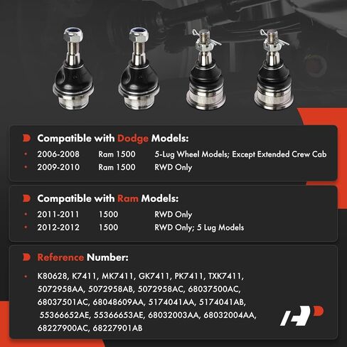 A-Premium Set of 4, Front Upper & Lower Ball Joints Kit, Compatible with Dodge Ram 1500 2006-2010 & Ram 1500 2011-2012 in Saudi Arabia