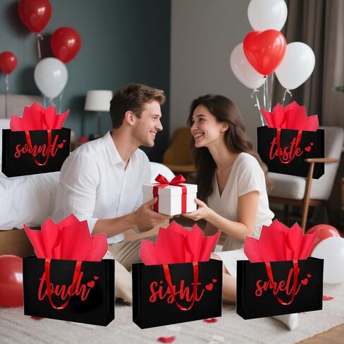 YIXAXKAO 5 Senses Gift Bags Five Senses Gift Bags with Tissue Paper Kraft Paper Bag with Ribbon Handles for Anniversary, Valentine's Day, Birthday for Him Husband Boyfriend (Red black) in Saudi Arabia