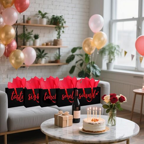 YIXAXKAO 5 Senses Gift Bags Five Senses Gift Bags with Tissue Paper Kraft Paper Bag with Ribbon Handles for Anniversary, Valentine's Day, Birthday for Him Husband Boyfriend (Red black) in Saudi Arabia