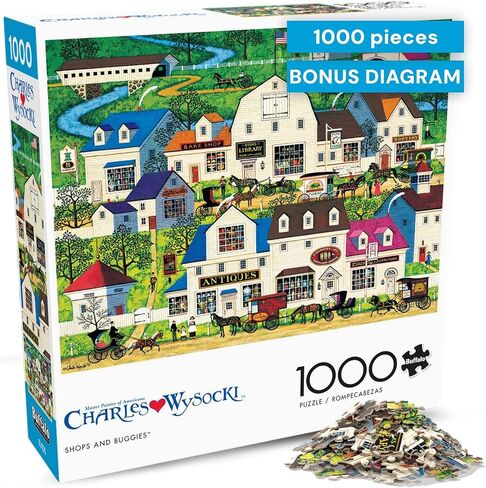 Buffalo Games - Charles Wysocki - Shops and Buggies - أحجية الصور المقطوعة 1000 قطعة للبالغين، ألغاز صعبة مثالية ليالي الألعاب - حجم اللغز النهائي هو 26.75 × 19.75 in Saudi Arabia