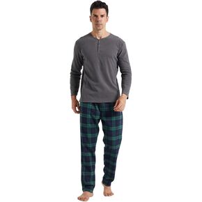 Pajamas for Men Set Long Sleeve Henley Microfleece Shirt Plaid Flannel Pants Comfy Pjs Sleepwear Plush Loungewear in Kuwait
