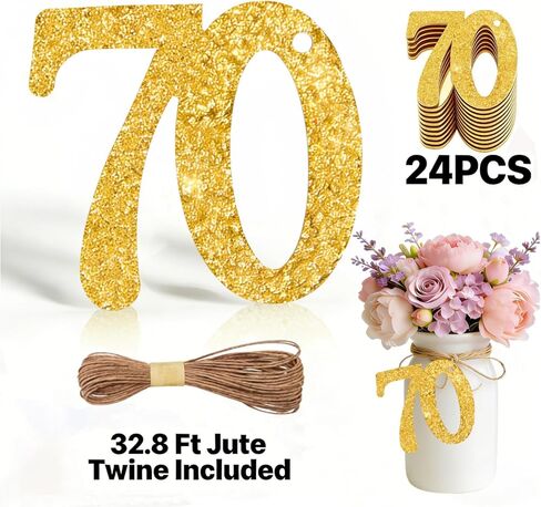 ALISSAR 24PCS Gold 70 Number Tags with 32.8 Ft Jute Twine – 70th Birthday Decorations, 70th Anniversary Party Supplies, Mason Jar Centerpieces, Gift Wrapping & Table Decor Kit in Saudi Arabia