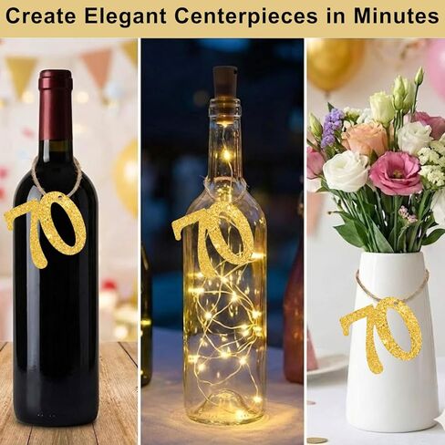 ALISSAR 24PCS Gold 70 Number Tags with 32.8 Ft Jute Twine – 70th Birthday Decorations, 70th Anniversary Party Supplies, Mason Jar Centerpieces, Gift Wrapping & Table Decor Kit in Saudi Arabia
