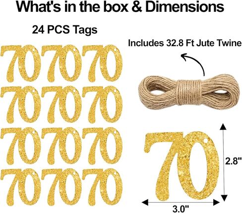 ALISSAR 24PCS Gold 70 Number Tags with 32.8 Ft Jute Twine – 70th Birthday Decorations, 70th Anniversary Party Supplies, Mason Jar Centerpieces, Gift Wrapping & Table Decor Kit in Saudi Arabia