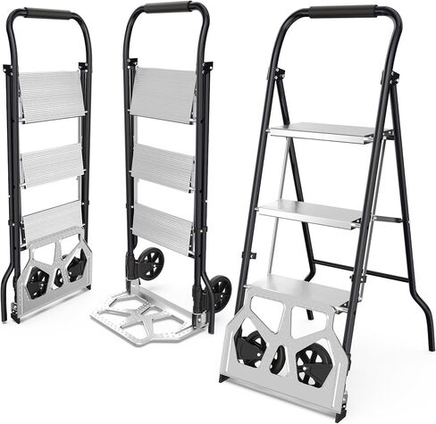 شاحنة يدوية قابلة للطي 2 في 1 وسلم 3 خطوات - عربة دوللي بسعة 220 رطلًا ومقعد من الألومنيوم بوزن 500 رطل، متعدد الوظائف للمنزل والمكتب والمستودع (أسود) in Kuwait