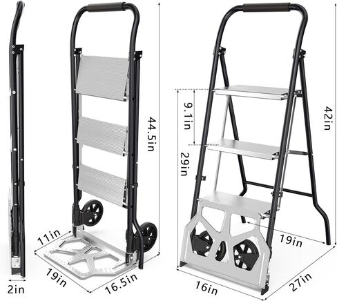 شاحنة يدوية قابلة للطي 2 في 1 وسلم 3 خطوات - عربة دوللي بسعة 220 رطلًا ومقعد من الألومنيوم بوزن 500 رطل، متعدد الوظائف للمنزل والمكتب والمستودع (أسود) in Kuwait