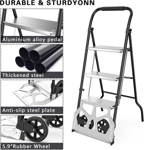 شاحنة يدوية قابلة للطي 2 في 1 وسلم 3 خطوات - عربة دوللي بسعة 220 رطلًا ومقعد من الألومنيوم بوزن 500 رطل، متعدد الوظائف للمنزل والمكتب والمستودع (أسود) in Kuwait
