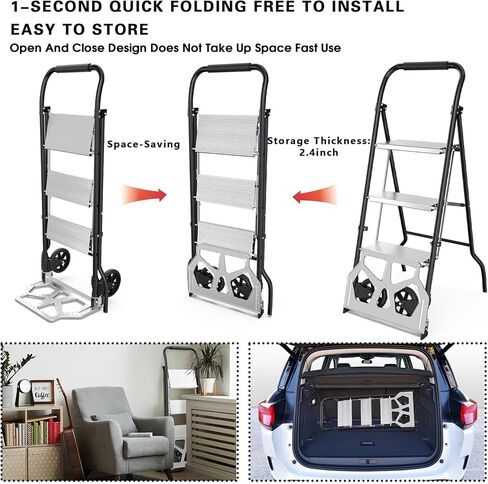 شاحنة يدوية قابلة للطي 2 في 1 وسلم 3 خطوات - عربة دوللي بسعة 220 رطلًا ومقعد من الألومنيوم بوزن 500 رطل، متعدد الوظائف للمنزل والمكتب والمستودع (أسود) in Kuwait