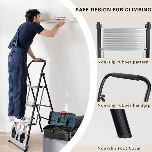 شاحنة يدوية قابلة للطي 2 في 1 وسلم 3 خطوات - عربة دوللي بسعة 220 رطلًا ومقعد من الألومنيوم بوزن 500 رطل، متعدد الوظائف للمنزل والمكتب والمستودع (أسود) in Kuwait