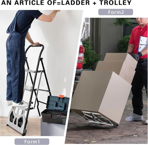 شاحنة يدوية قابلة للطي 2 في 1 وسلم 3 خطوات - عربة دوللي بسعة 220 رطلًا ومقعد من الألومنيوم بوزن 500 رطل، متعدد الوظائف للمنزل والمكتب والمستودع (أسود) in Kuwait