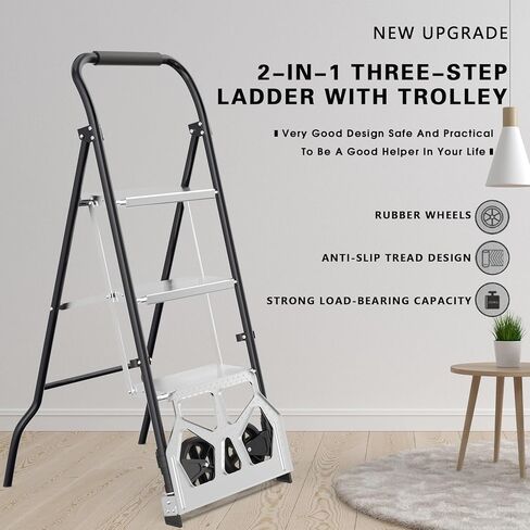 شاحنة يدوية قابلة للطي 2 في 1 وسلم 3 خطوات - عربة دوللي بسعة 220 رطلًا ومقعد من الألومنيوم بوزن 500 رطل، متعدد الوظائف للمنزل والمكتب والمستودع (أسود) in Kuwait