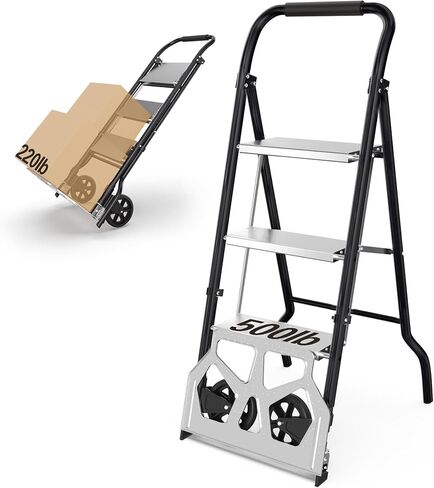 شاحنة يدوية قابلة للطي 2 في 1 وسلم 3 خطوات - عربة دوللي بسعة 220 رطلًا ومقعد من الألومنيوم بوزن 500 رطل، متعدد الوظائف للمنزل والمكتب والمستودع (أسود) in Kuwait