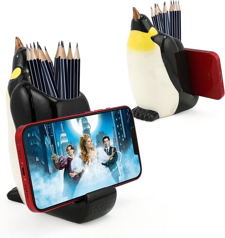 Penguin Pen Pencil Holder with Phone Stand, Resin Penguin Shaped Pen Container Cell Phone Stand Carving Brush Scissor Holder Desk Organizer Decoration for Office Desk Home Decorative in Saudi Arabia
